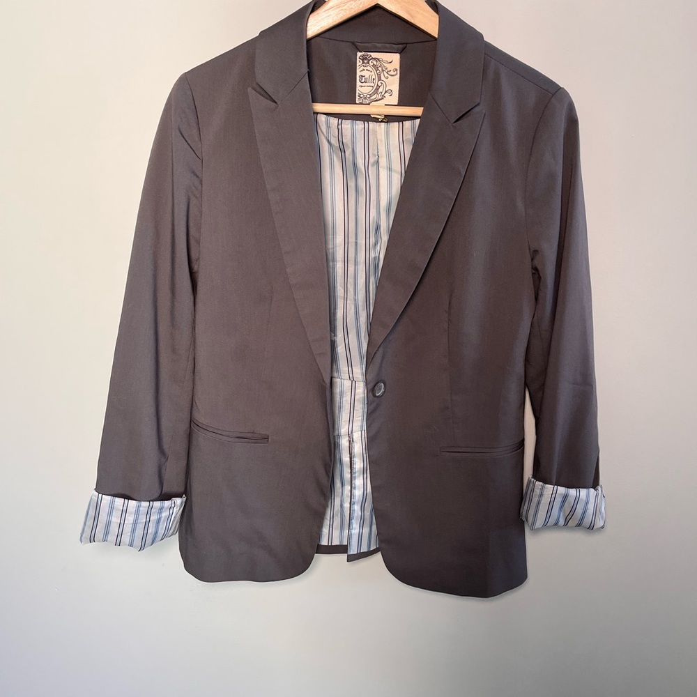 Tulle Womens Gray Single Button Blazer Striped Lining Charcoal Size M